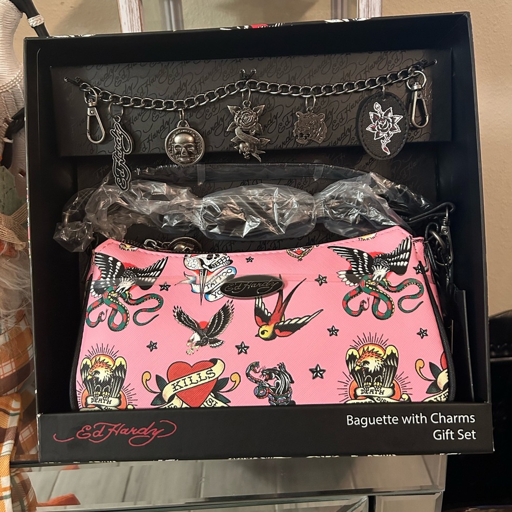 Ed Hardy Pink Tattoo-Inspired crossbody Shoulder Bag with Charms